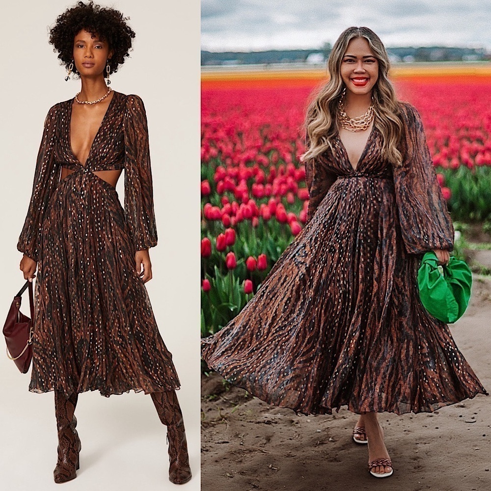 ROCOCO SAND Gold Dot Stripe Chiffon Puff Long‎ Sleeve Cutout Pleat Midi Dress XS